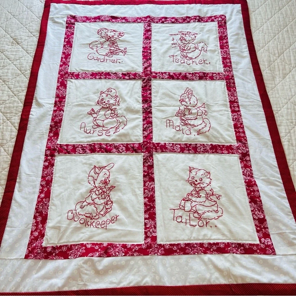 Hand-Embroidered Redwork Quilt – “Career Cats” Theme – 6 Panels